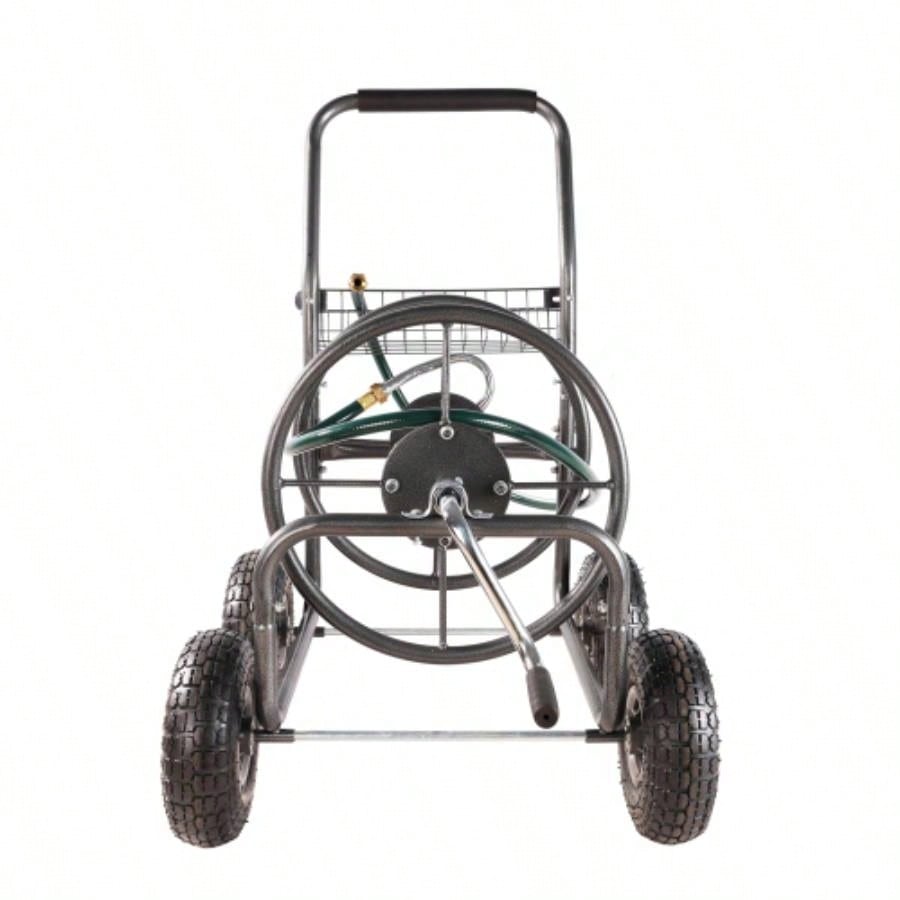 Garden Hose Reel Cart - 4 Wheels Portable Garden Hose Reel Cart with Storage Basket Rust Resistant Heavy Duty Hose Holder