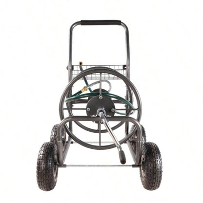 Garden Hose Reel Cart - 4 Wheels Portable Garden Hose Reel Cart with Storage Basket Rust Resistant Heavy Duty Hose Holder
