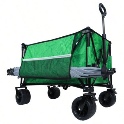 Heavy - Duty 480lbs Folding Wagon Cart with Bonus Picnic - All - Terrain Beach Wheels, Drink Holders, Brakes Side Pocket Camping, Garden, Sports, green line