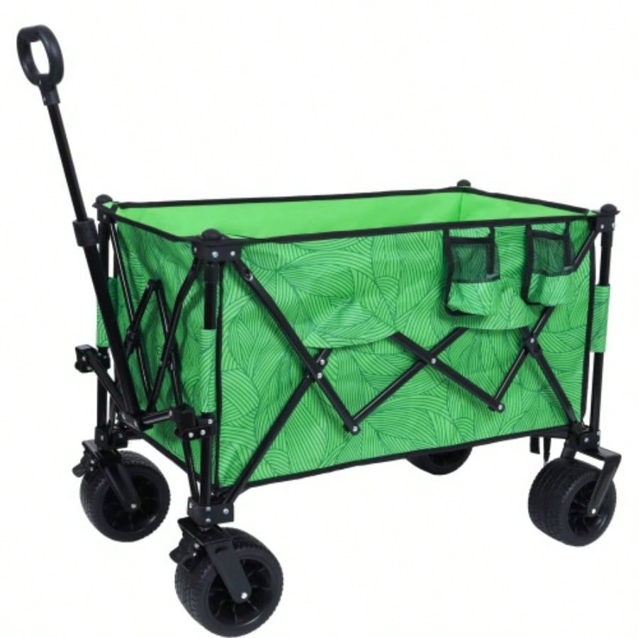 Heavy - Duty 480lbs Folding Wagon Cart with Bonus Picnic - All - Terrain Beach Wheels, Drink Holders, Brakes Side Pocket Camping, Garden, Sports, green line