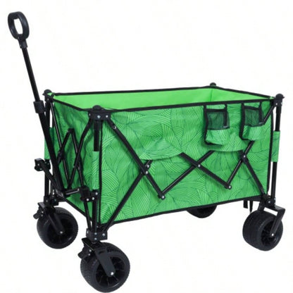 Heavy - Duty 480lbs Folding Wagon Cart with Bonus Picnic - All - Terrain Beach Wheels, Drink Holders, Brakes Side Pocket Camping, Garden, Sports, green line