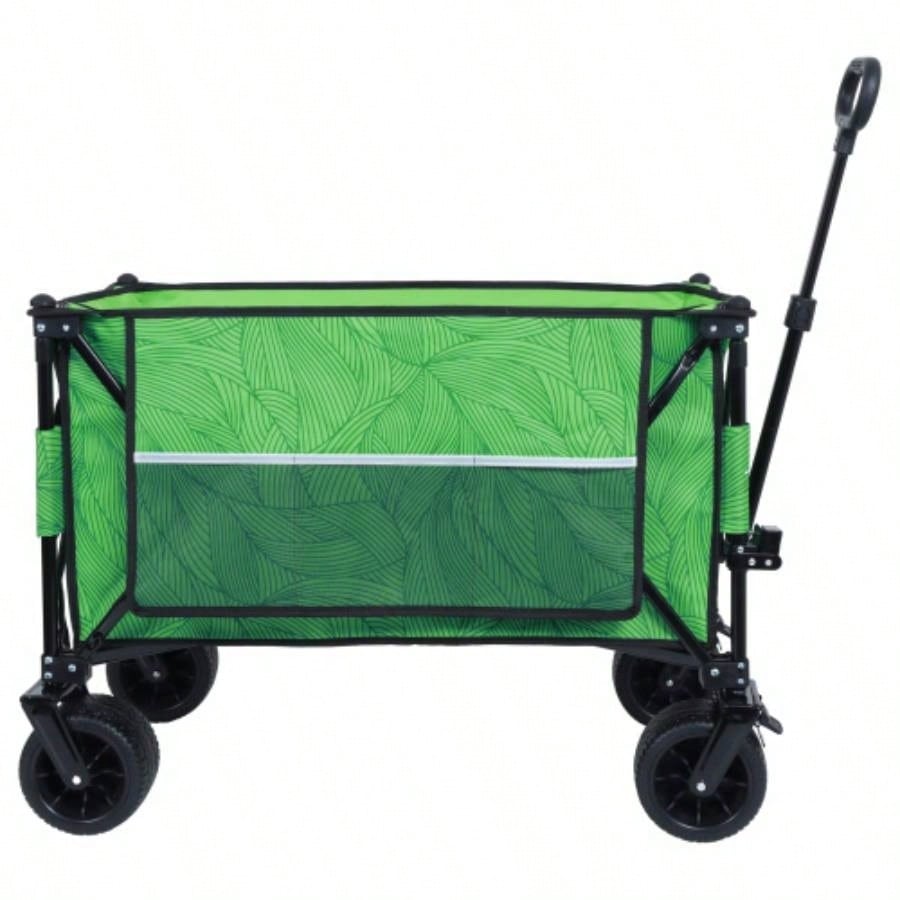 Heavy - Duty 480lbs Folding Wagon Cart with Bonus Picnic - All - Terrain Beach Wheels, Drink Holders, Brakes Side Pocket Camping, Garden, Sports, green line