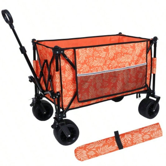 Heavy - Duty 480lbs Folding Wagon Cart with Bonus Picnic - All - Terrain Beach Wheels, Drink Holders, Brakes Side Pocket Camping, Garden, Sports, orange print