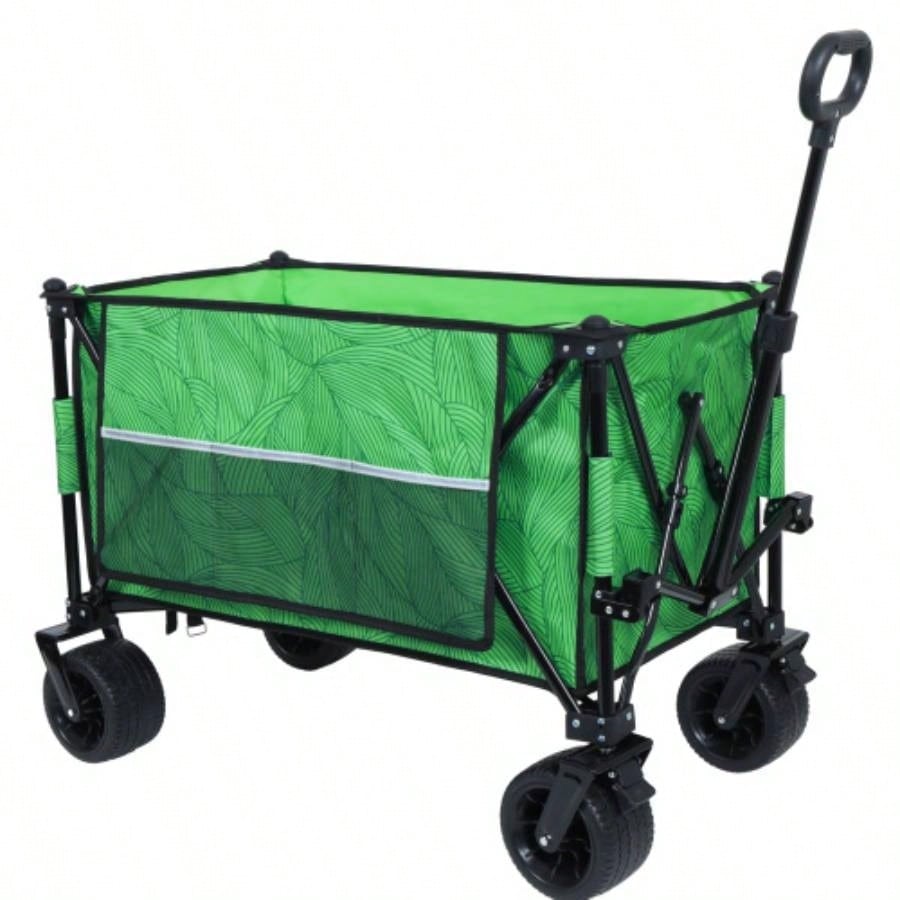 Heavy - Duty 480lbs Folding Wagon Cart with Bonus Picnic - All - Terrain Beach Wheels, Drink Holders, Brakes Side Pocket Camping, Garden, Sports, green line