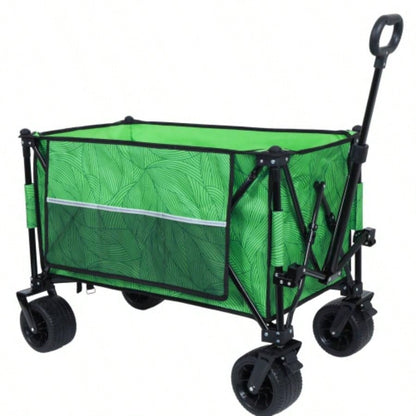 Heavy - Duty 480lbs Folding Wagon Cart with Bonus Picnic - All - Terrain Beach Wheels, Drink Holders, Brakes Side Pocket Camping, Garden, Sports, green line