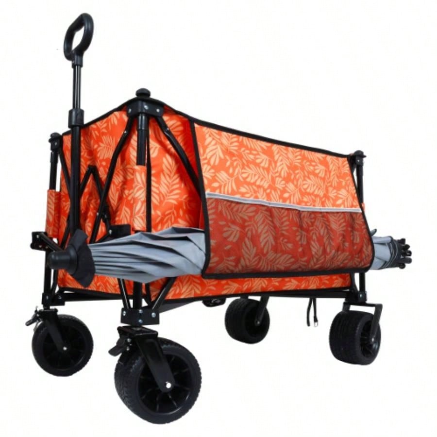 Heavy - Duty 480lbs Folding Wagon Cart with Bonus Picnic - All - Terrain Beach Wheels, Drink Holders, Brakes Side Pocket Camping, Garden, Sports, orange print