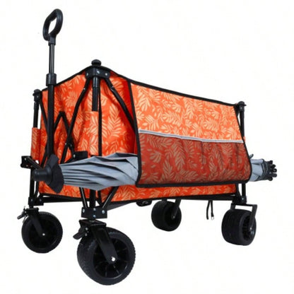 Heavy - Duty 480lbs Folding Wagon Cart with Bonus Picnic - All - Terrain Beach Wheels, Drink Holders, Brakes Side Pocket Camping, Garden, Sports, orange print