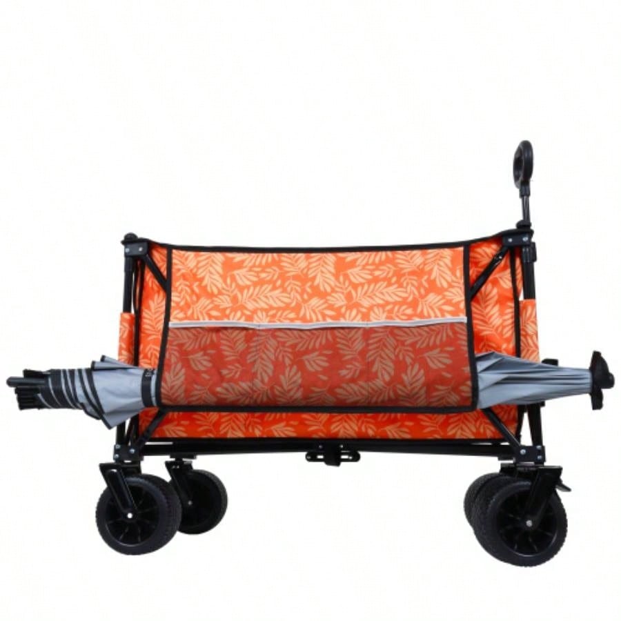 Heavy - Duty 480lbs Folding Wagon Cart with Bonus Picnic - All - Terrain Beach Wheels, Drink Holders, Brakes Side Pocket Camping, Garden, Sports, orange print