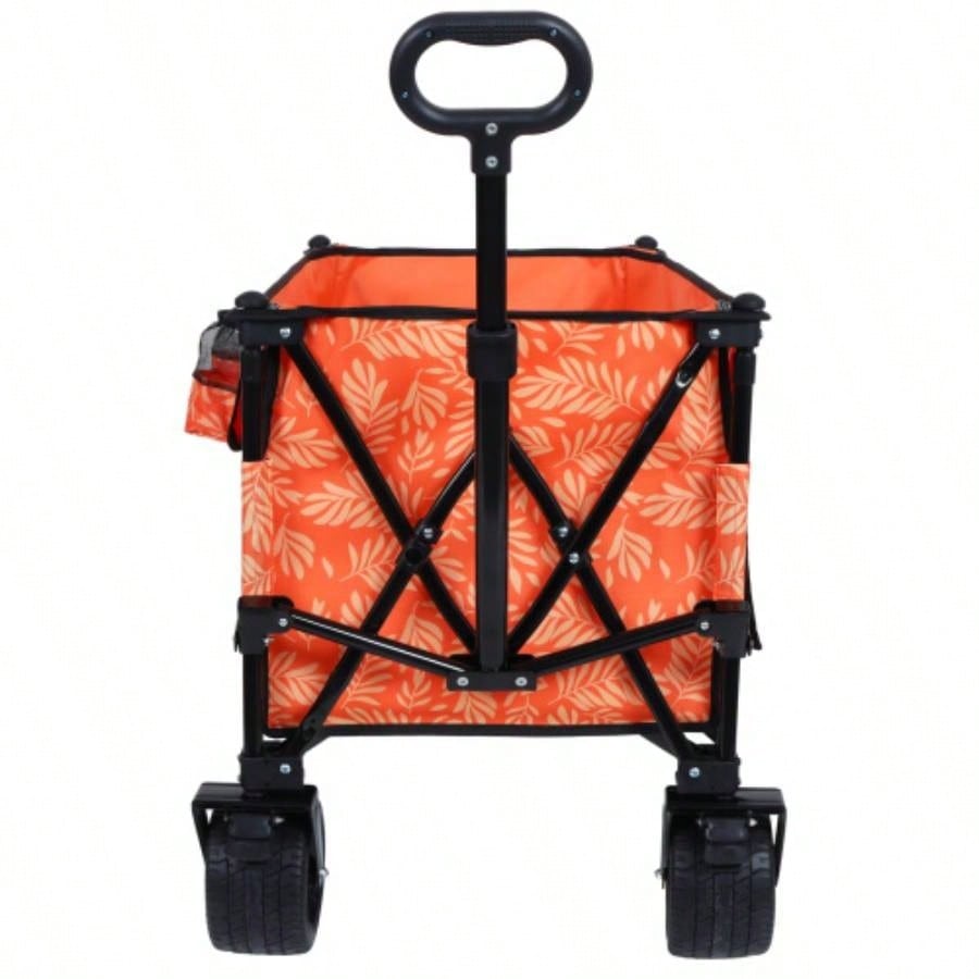 Heavy - Duty 480lbs Folding Wagon Cart with Bonus Picnic - All - Terrain Beach Wheels, Drink Holders, Brakes Side Pocket Camping, Garden, Sports, orange print