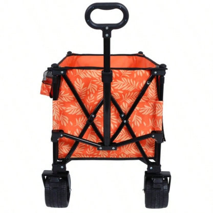Heavy - Duty 480lbs Folding Wagon Cart with Bonus Picnic - All - Terrain Beach Wheels, Drink Holders, Brakes Side Pocket Camping, Garden, Sports, orange print
