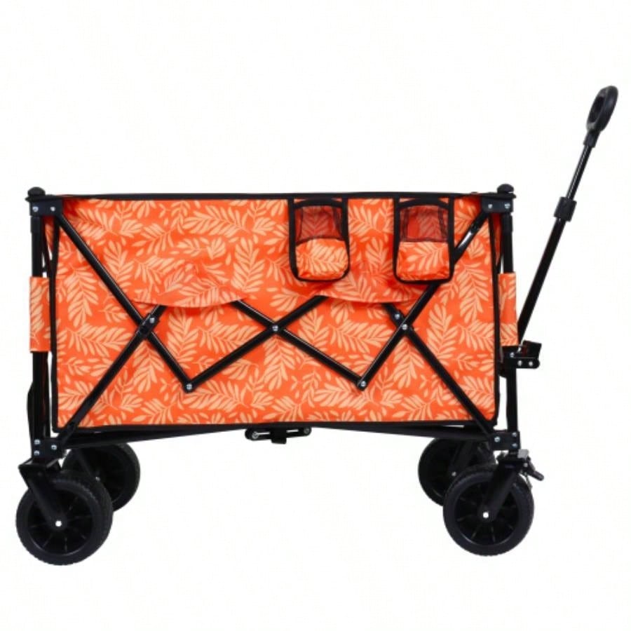 Heavy - Duty 480lbs Folding Wagon Cart with Bonus Picnic - All - Terrain Beach Wheels, Drink Holders, Brakes Side Pocket Camping, Garden, Sports, orange print