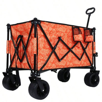Heavy - Duty 480lbs Folding Wagon Cart with Bonus Picnic - All - Terrain Beach Wheels, Drink Holders, Brakes Side Pocket Camping, Garden, Sports, orange print