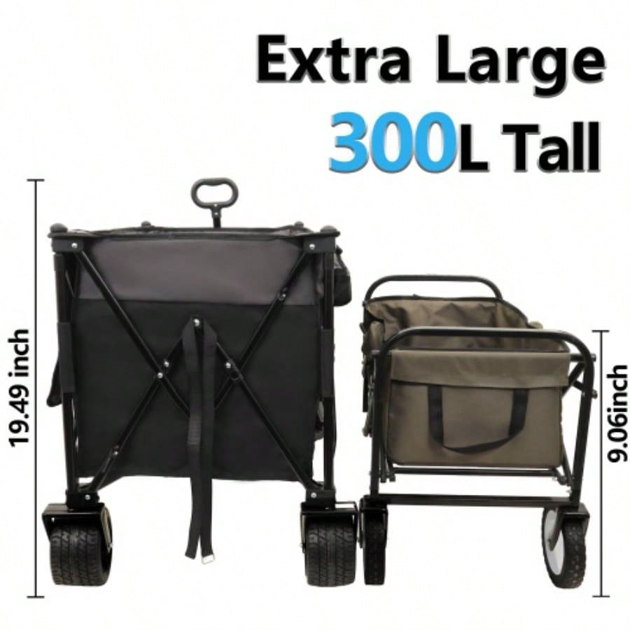 Large 300L Tall Heavy - Duty Folding Wagon Cart with 480lbs Capacity - All - Terrain Wheels, Side Pockets, Brakes Drink Holders Camping, Beach, Sports, Gardening, Black - Gray