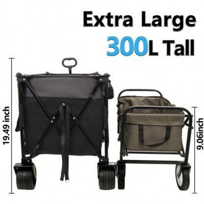 Large 300L Tall Heavy - Duty Folding Wagon Cart with 480lbs Capacity - All - Terrain Wheels, Side Pockets, Brakes Drink Holders Camping, Beach, Sports, Gardening, Black - Gray