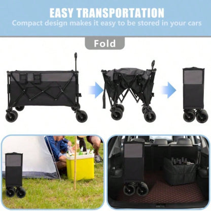 Large 300L Tall Heavy - Duty Folding Wagon Cart with 480lbs Capacity - All - Terrain Wheels, Side Pockets, Brakes Drink Holders Camping, Beach, Sports, Gardening, Black - Gray