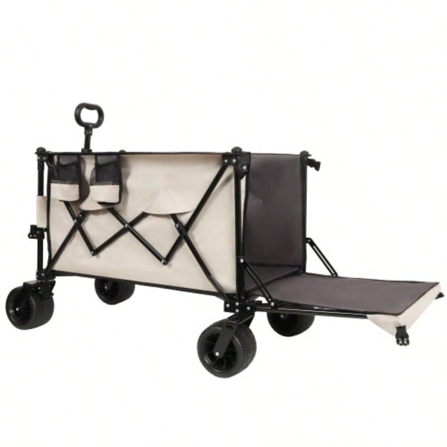 Foldable Wagon with Extended Tailgate, Long Extender Wagon Cart, Beach Wagon Cart Heavy Duty 480LBS with Large All - Terrain Beach Wheels, khaki - Gray