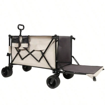 Foldable Wagon with Extended Tailgate, Long Extender Wagon Cart, Beach Wagon Cart Heavy Duty 480LBS with Large All - Terrain Beach Wheels, khaki - Gray