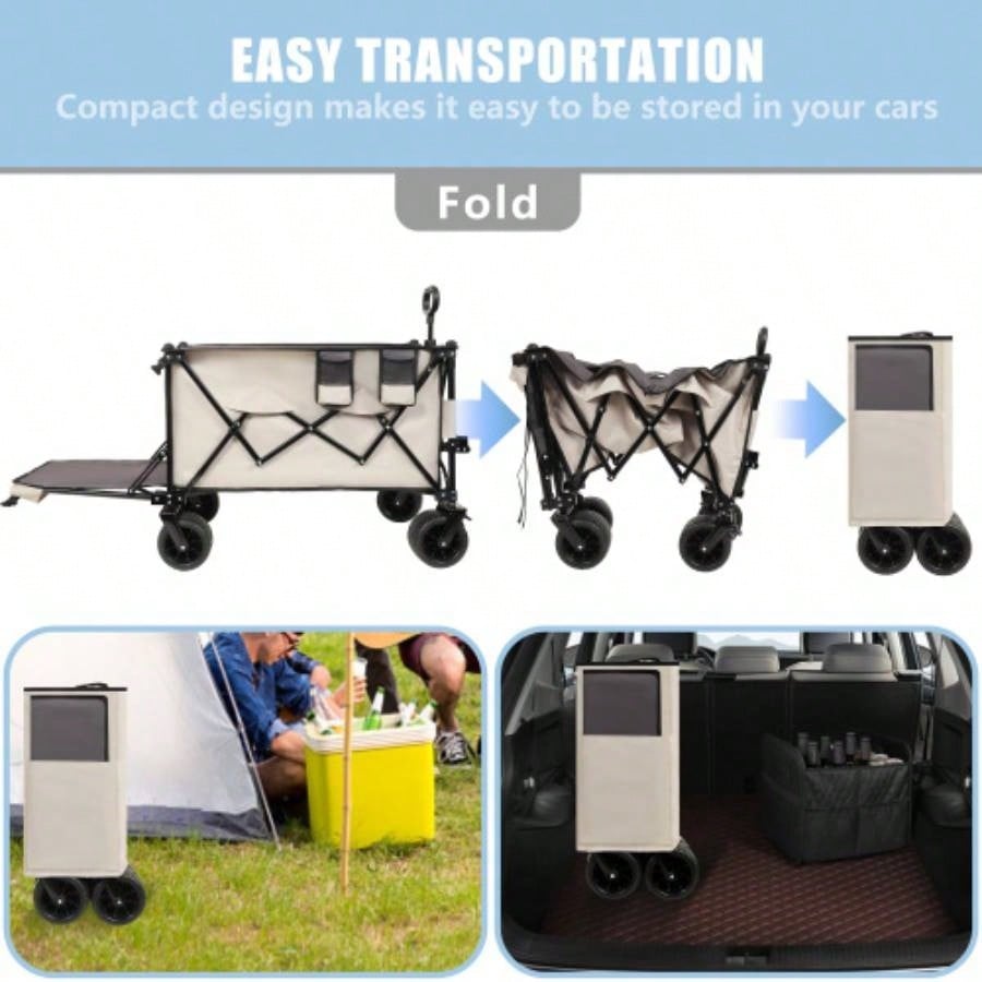 Foldable Wagon with Extended Tailgate, Long Extender Wagon Cart, Beach Wagon Cart Heavy Duty 480LBS with Large All - Terrain Beach Wheels, khaki - Gray