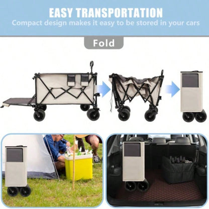 Foldable Wagon with Extended Tailgate, Long Extender Wagon Cart, Beach Wagon Cart Heavy Duty 480LBS with Large All - Terrain Beach Wheels, khaki - Gray