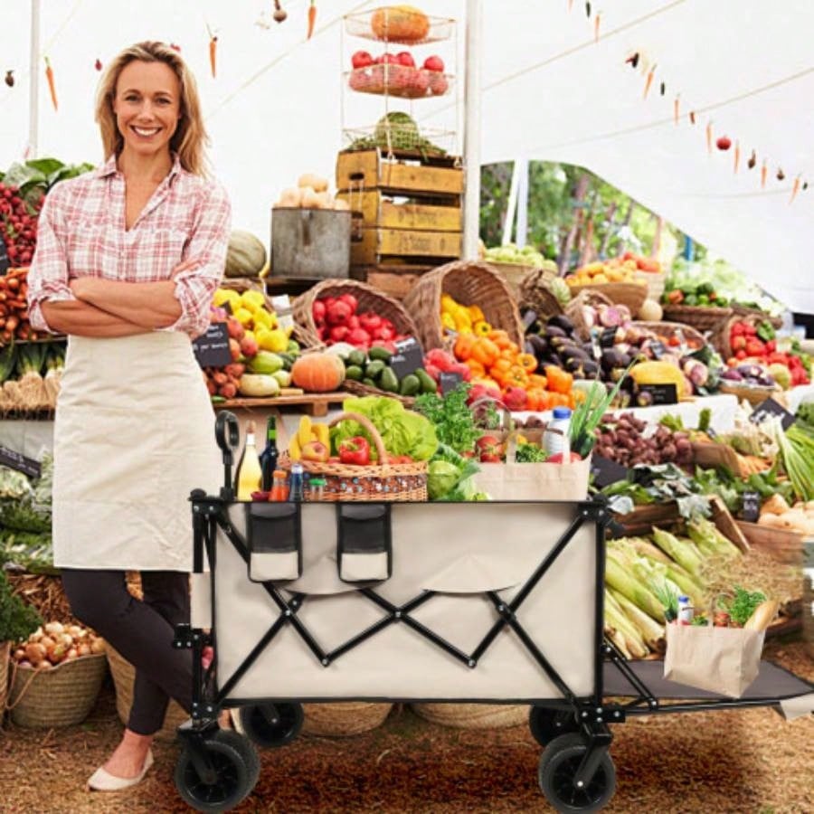 Foldable Wagon with Extended Tailgate, Long Extender Wagon Cart, Beach Wagon Cart Heavy Duty 480LBS with Large All - Terrain Beach Wheels, khaki - Gray