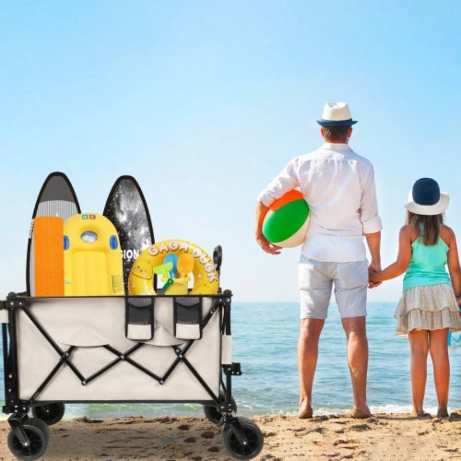 Foldable Wagon with Extended Tailgate, Long Extender Wagon Cart, Beach Wagon Cart Heavy Duty 480LBS with Large All - Terrain Beach Wheels, khaki - Gray