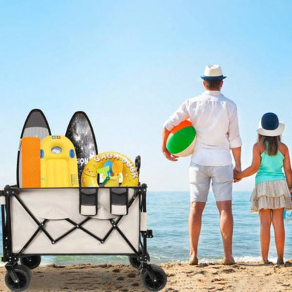 Foldable Wagon with Extended Tailgate, Long Extender Wagon Cart, Beach Wagon Cart Heavy Duty 480LBS with Large All - Terrain Beach Wheels, khaki - Gray
