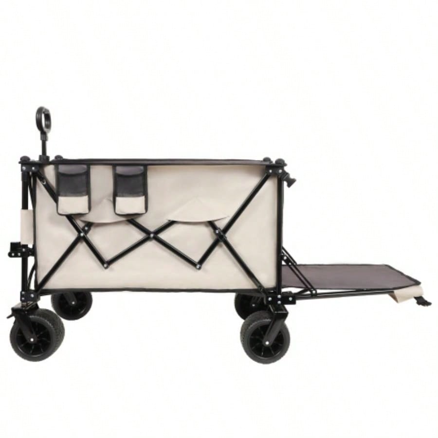 Foldable Wagon with Extended Tailgate, Long Extender Wagon Cart, Beach Wagon Cart Heavy Duty 480LBS with Large All - Terrain Beach Wheels, khaki - Gray