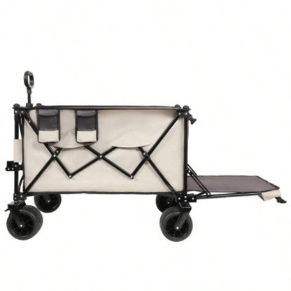 Foldable Wagon with Extended Tailgate, Long Extender Wagon Cart, Beach Wagon Cart Heavy Duty 480LBS with Large All - Terrain Beach Wheels, khaki - Gray