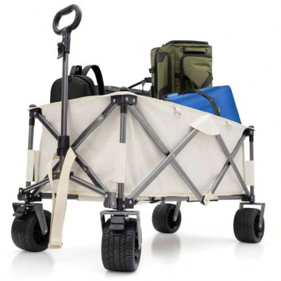 Folding Wagon, Heavy Duty Utility Beach Wagon Cart Sand with Big Wheels, Adjustable HandleDrink Holders Shopping, Camping, Garden and Outdoor