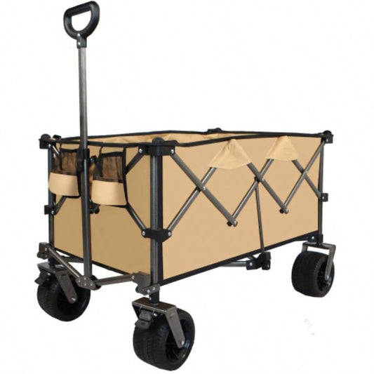 Heavy - Duty 360lb Capacity Foldable Utility Wagon - All - Terrain Quiet Wheels, Adjustable Handle Cup Holders Camping, Gardening, Picnic, Sports, and Shopping, grayish - brown