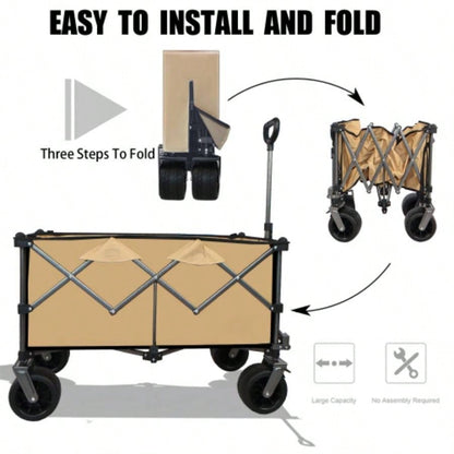 Heavy - Duty 360lb Capacity Foldable Utility Wagon - All - Terrain Quiet Wheels, Adjustable Handle Cup Holders Camping, Gardening, Picnic, Sports, and Shopping, grayish - brown