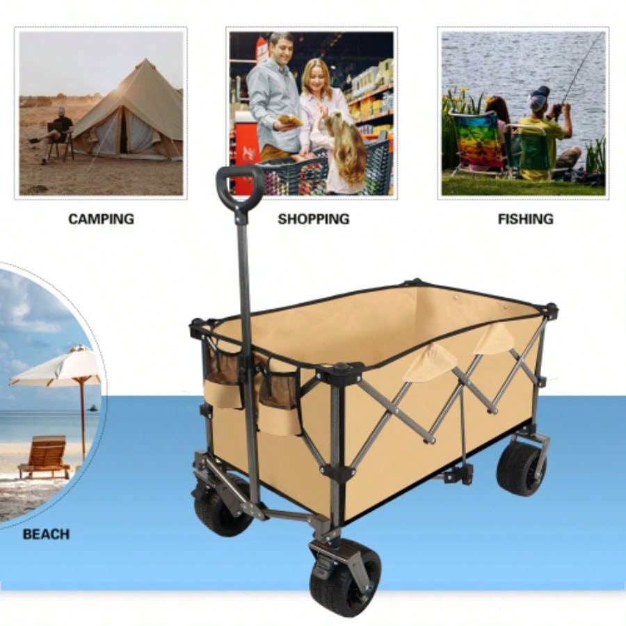 Heavy - Duty 360lb Capacity Foldable Utility Wagon - All - Terrain Quiet Wheels, Adjustable Handle Cup Holders Camping, Gardening, Picnic, Sports, and Shopping, grayish - brown
