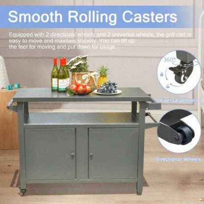 Grill Carts Outdoor Storage Cabinet with Wheels, Metal Outdoor Grill Table Kitchen Dining Table Cooking Prep BBQ Table Patio, Kitchen Island, Home Party, Bar