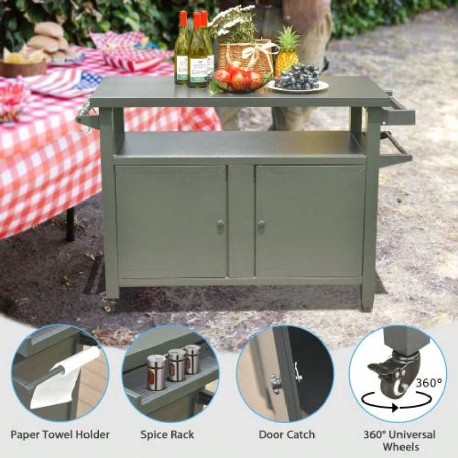 Grill Carts Outdoor Storage Cabinet with Wheels, Metal Outdoor Grill Table Kitchen Dining Table Cooking Prep BBQ Table Patio, Kitchen Island, Home Party, Bar