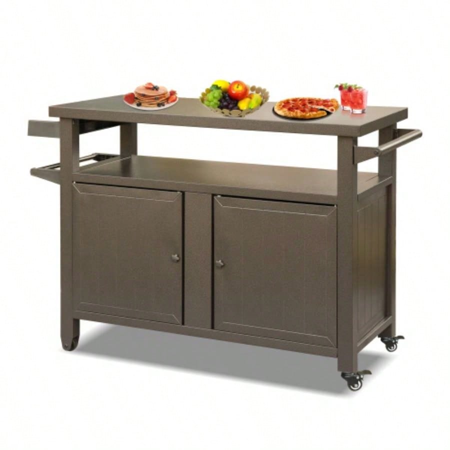 Grill Carts Outdoor Storage Cabinet with Wheels, Metal Outdoor Grill Table Kitchen Dining Table Cooking Prep BBQ Table Patio, Kitchen Island, Home Party, Bar
