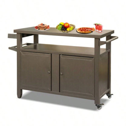 Grill Carts Outdoor Storage Cabinet with Wheels, Metal Outdoor Grill Table Kitchen Dining Table Cooking Prep BBQ Table Patio, Kitchen Island, Home Party, Bar