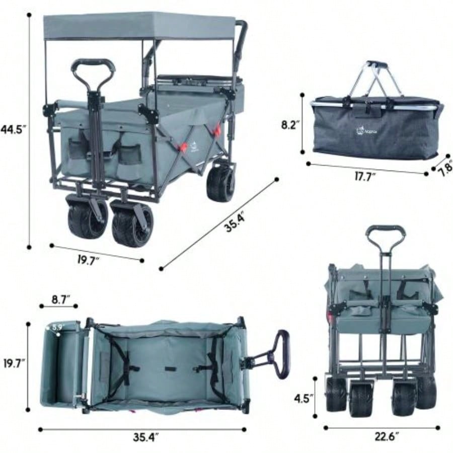 Collapsible Wagon 140L Wagons Carts Foldable with Removable Canopy, Folding Wagon Cart with Wheels All - Terrain with Brake, Foldable Wagon with Cooler Bag, Camping Beach Shopping