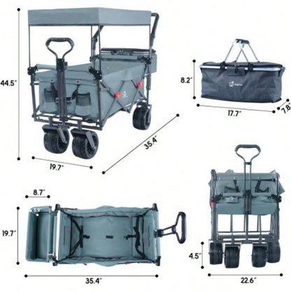 Collapsible Wagon 140L Wagons Carts Foldable with Removable Canopy, Folding Wagon Cart with Wheels All - Terrain with Brake, Foldable Wagon with Cooler Bag, Camping Beach Shopping
