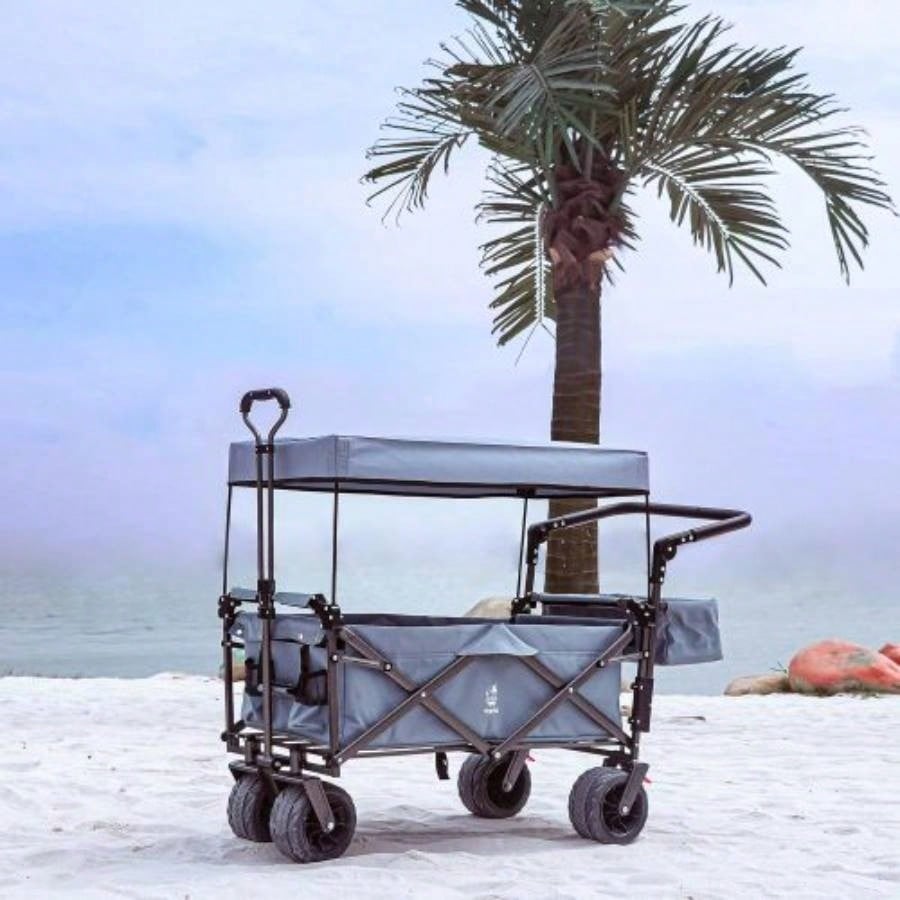 Collapsible Wagon 140L Wagons Carts Foldable with Removable Canopy, Folding Wagon Cart with Wheels All - Terrain with Brake, Foldable Wagon with Cooler Bag, Camping Beach Shopping