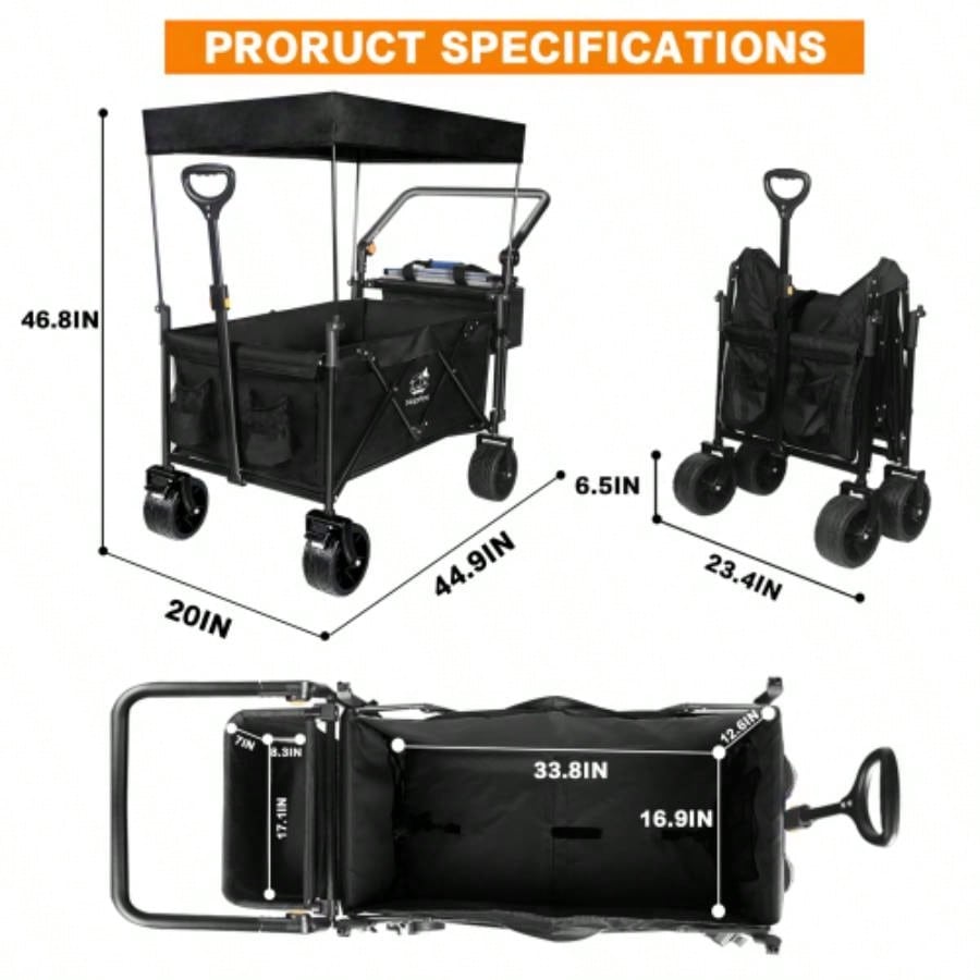 Collapsible Wagon 140L Wagons Carts Foldable with Removable Canopy, Folding Wagon Cart with Wheels All - Terrain with Brake, Foldable Wagon with Cooler Bag, Camping Beach Shopping