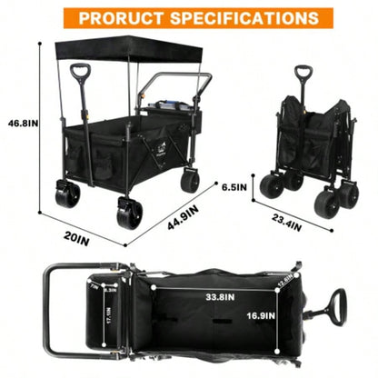 Collapsible Wagon 140L Wagons Carts Foldable with Removable Canopy, Folding Wagon Cart with Wheels All - Terrain with Brake, Foldable Wagon with Cooler Bag, Camping Beach Shopping