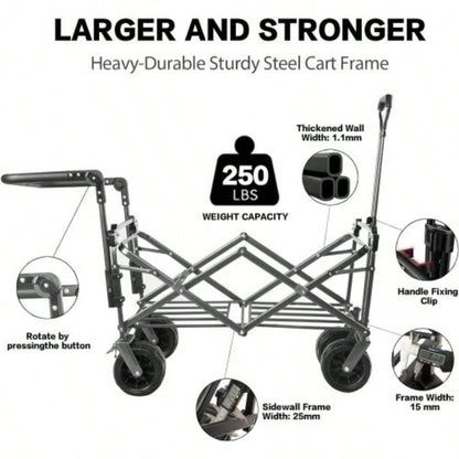 Collapsible Wagon 140L Wagons Carts Foldable with Removable Canopy, Folding Wagon Cart with Wheels All - Terrain with Brake, Foldable Wagon with Cooler Bag, Camping Beach Shopping