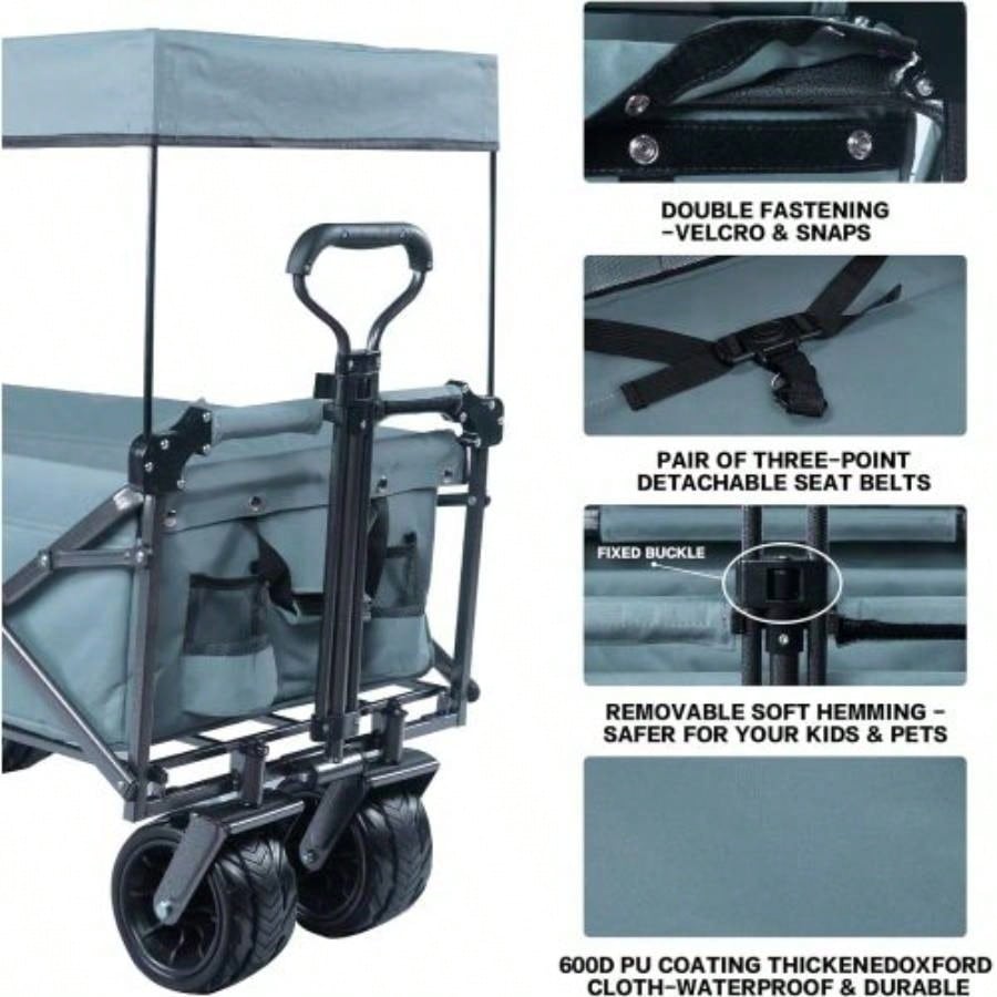 Collapsible Wagon 140L Wagons Carts Foldable with Removable Canopy, Folding Wagon Cart with Wheels All - Terrain with Brake, Foldable Wagon with Cooler Bag, Camping Beach Shopping
