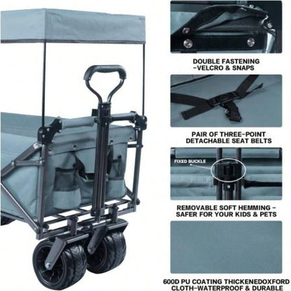 Collapsible Wagon 140L Wagons Carts Foldable with Removable Canopy, Folding Wagon Cart with Wheels All - Terrain with Brake, Foldable Wagon with Cooler Bag, Camping Beach Shopping