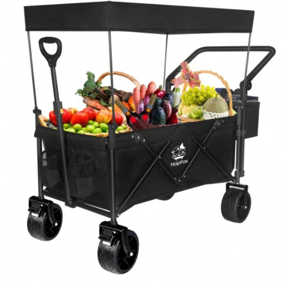 Collapsible Wagon 140L Wagons Carts Foldable with Removable Canopy, Folding Wagon Cart with Wheels All - Terrain with Brake, Foldable Wagon with Cooler Bag, Camping Beach Shopping