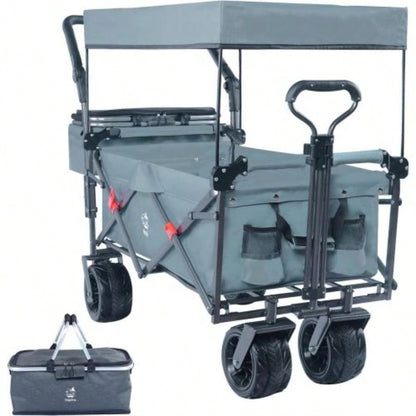 Collapsible Wagon 140L Wagons Carts Foldable with Removable Canopy, Folding Wagon Cart with Wheels All - Terrain with Brake, Foldable Wagon with Cooler Bag, Camping Beach Shopping