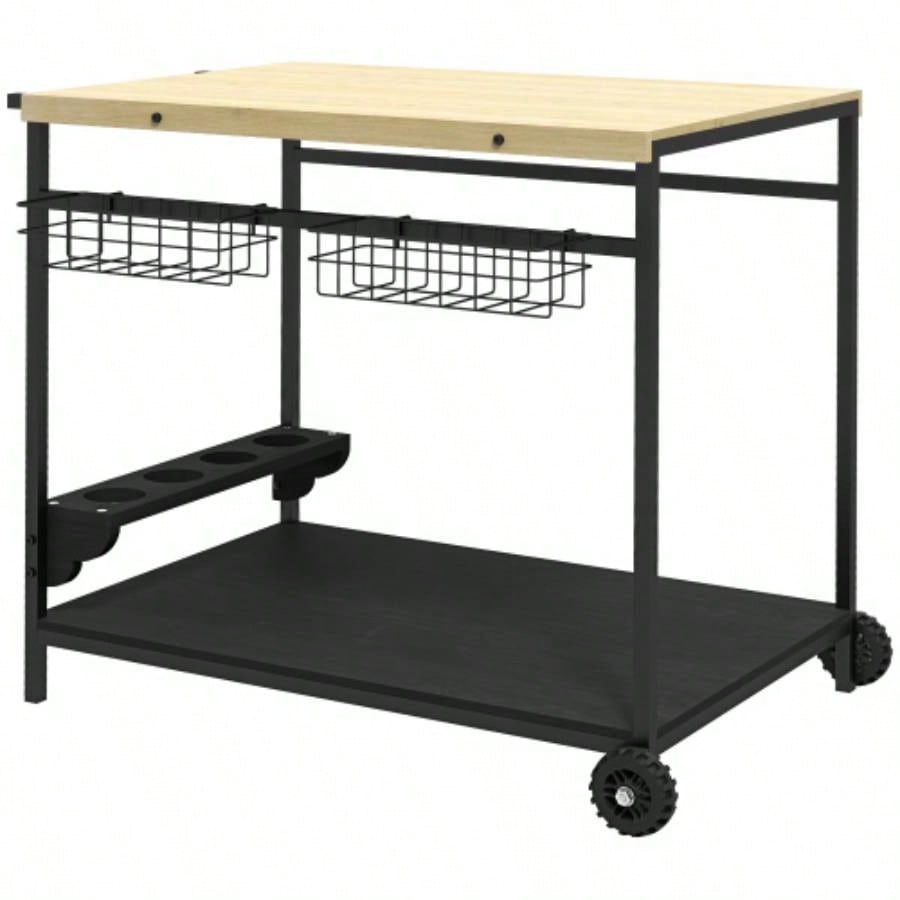 Outsunny Outdoor Bar Cart, Patio Rolling Serving Cart with Wheels, Side Handle, 2 Baskets, 4 Wine Holders Garden, Dining Room, Natural