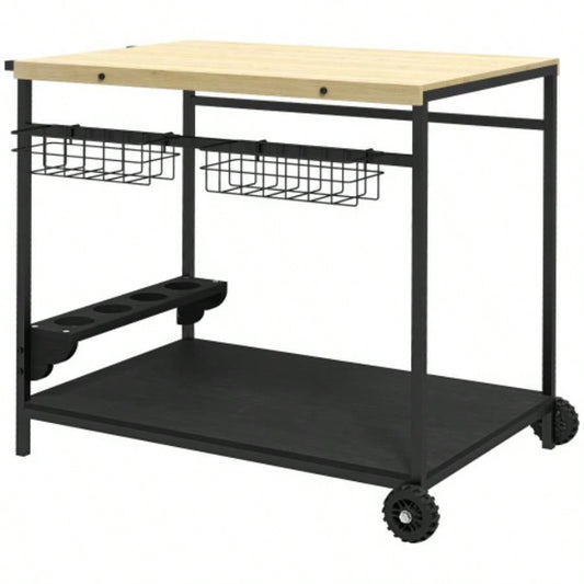 Outsunny Outdoor Bar Cart, Patio Rolling Serving Cart with Wheels, Side Handle, 2 Baskets, 4 Wine Holders Garden, Dining Room, Natural