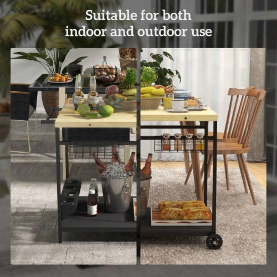 Outsunny Outdoor Bar Cart, Patio Rolling Serving Cart with Wheels, Side Handle, 2 Baskets, 4 Wine Holders Garden, Dining Room, Natural