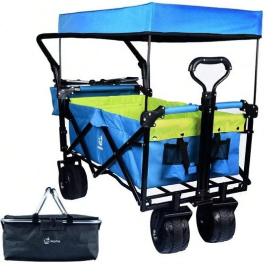 Collapsible Wagon 140L Wagons Carts Foldable with Removable Canopy, Folding Wagon Cart with Wheels All - Terrain with Brake, Foldable Wagon with Cooler Bag, Camping Beach Shopping